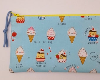 SLIM PENCIL CASE, handmade sewing notions case, cosmetics pouch, back to school gift, ice creams fabric pencil pouch, lined zipper pouch
