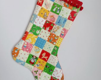 SMALL CHRISTMAS STOCKING, yellow green red patchwork holiday stocking, retro 1930s fabrics, quilted patchwork Christmas stocking