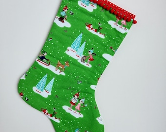 LARGE CHRISTMAS STOCKING, green and red holiday stocking, Pixie Noel fabric stocking, Pixie Noel fabric by Tasha Noel