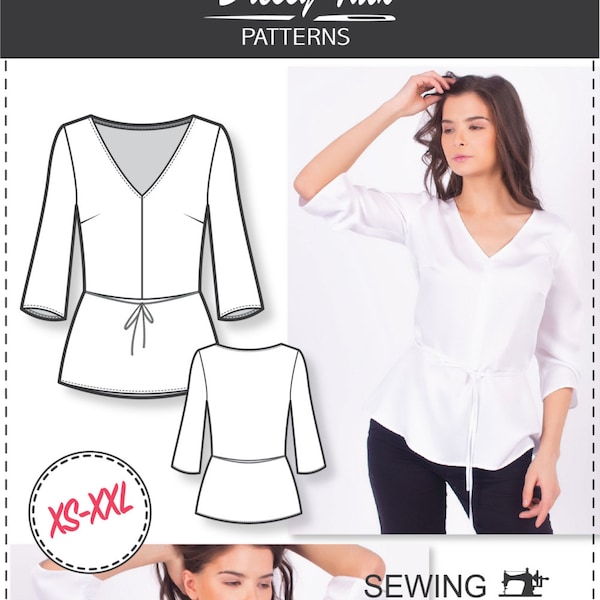 Peplum Top Pattern - V-neck Sewing Pattern - Sewing Patterns - Blouse Patterns - Sewing Tutorial - Women Sewing Pattern - Easy Patterns