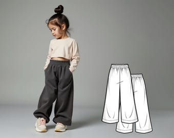 Girls Oversize Sweatpants Sewing Pattern PDF, Wide Pants for Kids, Beginner Sewing Patterns, Easy Digital Pattern Sew Download