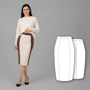 Puede incluir: Falda lápiz beige y marrón de cintura alta. La falda tiene un panel central beige y paneles laterales marrones. La mujer de la imagen lleva un suéter color crema y tacones negros. También se muestra un dibujo lineal de la falda.