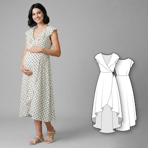 May include: A white wrap dress with black polka dots. The dress features a V-neck, ruffled trim, and a high-low hem. A woman is wearing the dress and holding her pregnant belly. A line drawing of the dress is also shown.