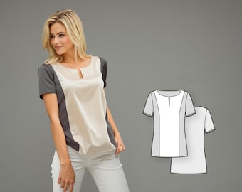 Women’s Color Block Blouse Sewing Pattern, Relaxed Fit Top with Front Neck Slit