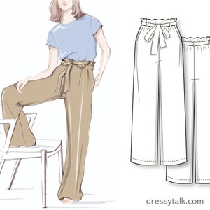 Taille haute élastiquée, pantalon large avec poches latérales et ceinture amovible à nouer - Patron de couture PDF pour femme