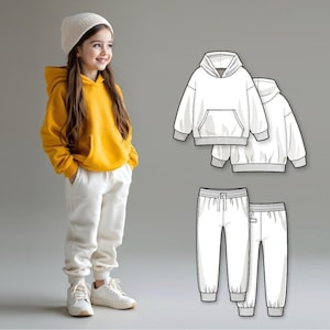 Cartamodello PDF per tuta da bambino, set fai da te con felpa e pantaloni della tuta, completo stampabile adatto ai principianti per bambini piccoli, ragazzi e ragazze.