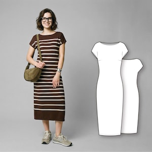 May include: A brown and white striped midi dress with short sleeves. The dress is paired with a green shoulder bag and sneakers. A line drawing of the dress is also shown.
