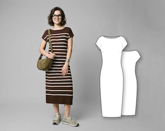 Women’s Fitted Maxi Dress Sewing Pattern, Bateau Neck Cap Sleeve Dress