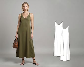 Women’s A-Line Slip Dress Sewing Pattern, Sleeveless Loose Fit Maxi Midi Dress