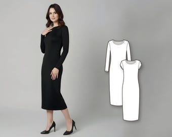 Women’s Slim Fit Dress Sewing Pattern, Office Shift Midi or Maxi Dress with Short or Long Sleeves