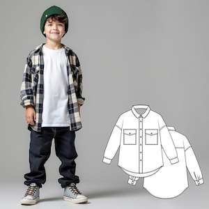 Patrón de costura de camisa extragrande para niño (PDF), patrón de top infantil, patrones de costura para principiantes, descarga de patrones digitales fáciles para niños