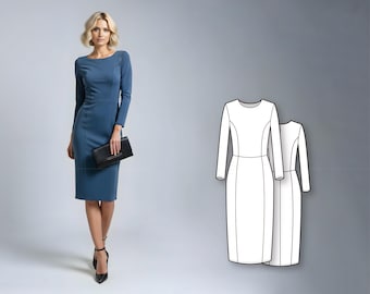 Women’s Slim Fit Dress Sewing Pattern, Long Sleeve Knit Midi Dress with Round Neck
