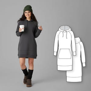 May include: A charcoal grey hooded sweatshirt dress with a front pocket and drawstring hood. The model is wearing a green beanie, black socks, and brown boots. A white coffee cup is held in the model's hand. A line drawing of the dress is shown.