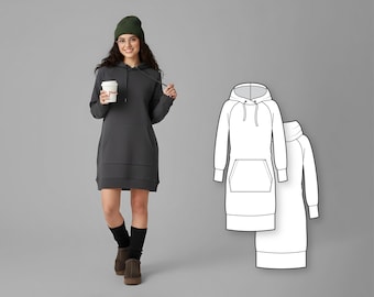 Women’s Hooded Dress Sewing Pattern, Relaxed Fit Raglan Sleeve Mini Hoodie Dress