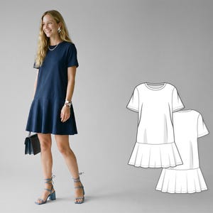 Puede incluir: Un vestido azul marino de manga corta con falda acampanada. El vestido se combina con sandalias de tacón azules y un bolso negro. También se muestra un dibujo lineal del vestido. La mujer lleva un reloj y un collar.