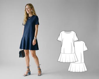 Women’s T-Shirt Mini Dress Sewing Pattern, Short Sleeve Dress with Full Circle Skirt