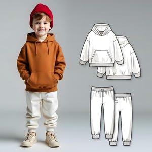 Cartamodello PDF per felpe con cappuccio e pantaloni della tuta per bambini, modello fai da te per tute da ginnastica per principianti, PDF stampabile a strati per ragazzi e ragazze
