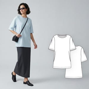 May include: A light blue short-sleeved t-shirt and a dark gray skirt. The t-shirt has a relaxed fit. A black purse is worn across the body. A line drawing of the t-shirt is also shown.