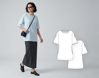 Women’s Extra Long T-Shirt Sewing Pattern, Relaxed Fit Long Sleeve Knit Top