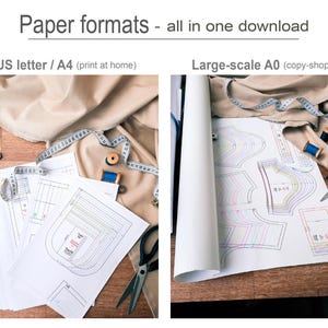 The image is a collage of two photographs depicting different paper formats: a US letter A4 print at home and a Large-scale A0 (copy-shop) print.