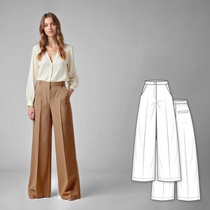 May include: A woman wearing a cream-colored blouse and high-waisted, wide-leg brown pants. The pants have a tailored design with a belt. A technical drawing of the pants is also shown.