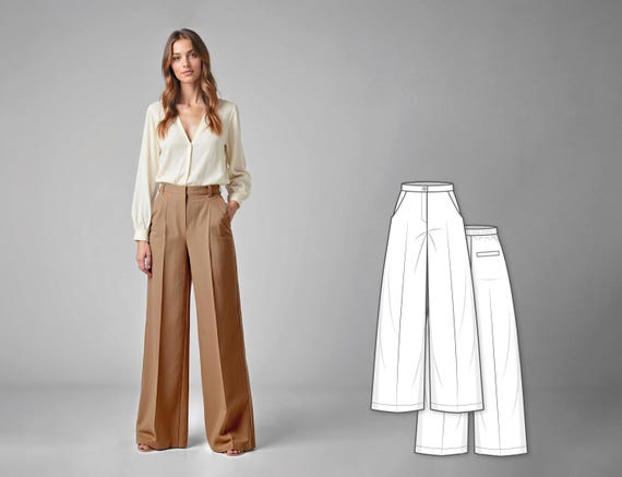 Women’s Palazzo Trousers Sewing Pattern, High Waisted Wide Leg Pants