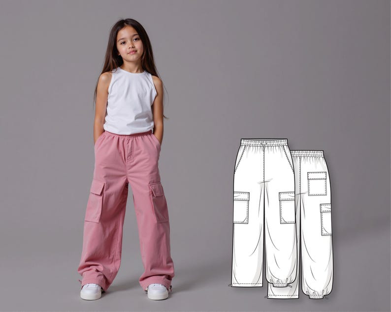 Cartamodello per pantaloni cargo larghi da bambina in formato PDF, modello di pantaloni per principianti facile da usare, modello digitale da scaricare immagine 1