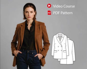 Women’s Tailored Blazer Sewing Pattern with Video Tutorial, Lined Jacket with Lapel Collar