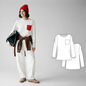 Damen Minimalistische Langarm-T-Shirt-Schnittmuster, lässige Strickbluse