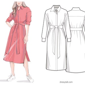 Shirt Dress Pattern PDF Sewing Patterns Long Sleeve Dress Pattern Downloadable Sewing Patterns Designer Dress Patterns Sewing Idea image 3