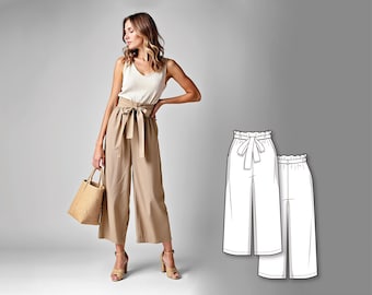 Culottes Sewing Pattern - Linen Pants Sewing Pattern - Elastic Waist Pants Pattern - Pants Sewing Pattern - High Waisted Pattern