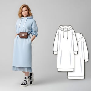 Sweatshirt Dress Sewing Pattern - Long Dress Patterns With Sleeves - Hoodie Pattern PDF - Hoodie Dress Pattern - Women's Sweatshirt Pattern image 1
