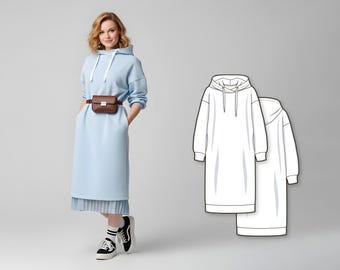 Sweatshirt Dress Sewing Pattern - Long Dress Patterns With Sleeves - Hoodie Pattern PDF - Hoodie Dress Pattern - Women's Sweatshirt Pattern