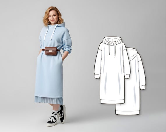 Sweatshirt Dress Sewing Pattern - Long Dress Patterns With Sleeves - Hoodie Pattern PDF - Hoodie Dress Pattern - Women's Sweatshirt Pattern
