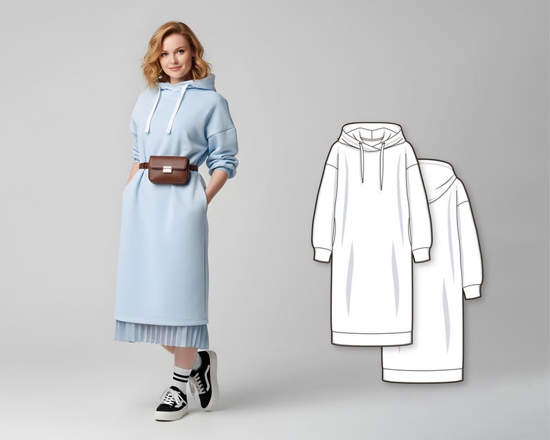 Sweatshirt Dress Sewing Pattern - Long Dress Patterns With Sleeves - Hoodie Pattern PDF - Hoodie Dress Pattern - Women's Sweatshirt Pattern image 1