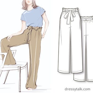 Hoher Gummibund, Weitbeinhose mit Seitentaschen und abnehmbaren Bindegürtel - PDF-Schnittmuster für Damen