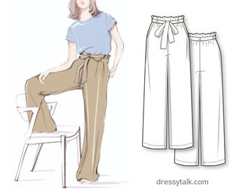 High elastic waist, wide leg pants/trousers with side pockets and removable tie belt - PDF sewing pattern for women