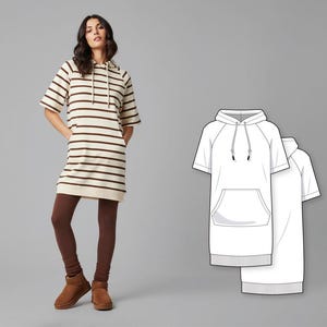 Short raglan sleeve hoodie dress - PDF sewing pattern for women