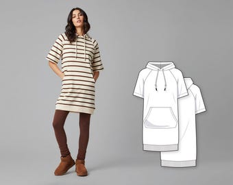 Short raglan sleeve hoodie dress - PDF sewing pattern for women