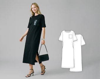 Women’s Side Slit Maxi Dress Sewing Pattern, Elbow Length Sleeve T-Shirt Dress