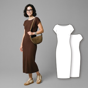 May include: A woman wearing a brown, short-sleeved dress and tan sneakers. She is carrying a brown suede shoulder bag. A white dress pattern is on the right side of the image. The background is a solid gray.