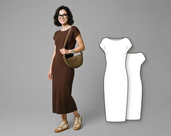 Women’s Shift Midi Dress Sewing Pattern, Cap Sleeve Bateau Neck Dress
