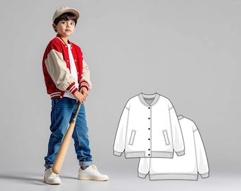 May include: A red and beige varsity jacket with white stripes on the cuffs and hem. The jacket is worn with blue jeans, a baseball cap, and white trainers. A baseball bat is held in the hands.