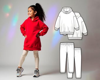 Mädchen extra-langer Hoodie und Leggings Schnittmuster PDF, einfaches Hoody-Muster für Kinder, Anfänger nähen digitales Muster, druckbare PDF