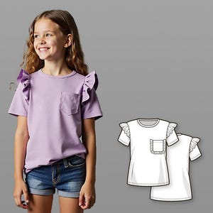 Naaipatroon T-shirt meisjes ruche, pdf-bestand, kinder T-shirtpatroon voor beginners, eenvoudig digitaal naaipatroon, afdrukbaar T-shirt met ruche mouw