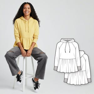 Regular fit raglan sleeve ruffled sweatshirt hoodie - PDF sewing pattern for women