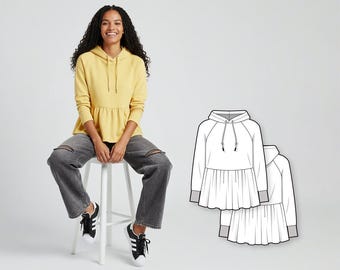 Regular fit raglan sleeve ruffled sweatshirt hoodie - PDF sewing pattern for women