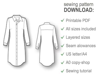 Patrones De Costura Patrón Vestido Camisero Patrones De Vestidos Para  Mujer Patrón Vestido Manga Larga Tutorial De Costura Patrón De Coser