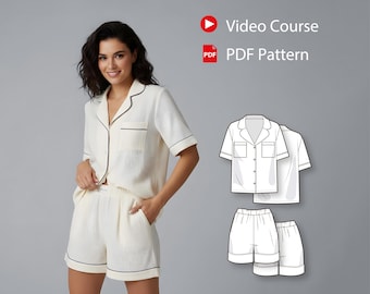 Women’s Muslin Pajama Sewing Pattern with Video Tutorial, Short Sleeve Button Shirt and Elastic Waist Shorts