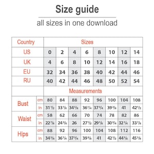 The image is a size guide that provides measurements for various clothing items such as bust, waist, hips, and sizes in different countries.